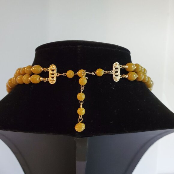 Vintage Beaded Two Layers Necklace and Earrings Set Yellow 27" Made in Hongkong - Picture 7 of 11